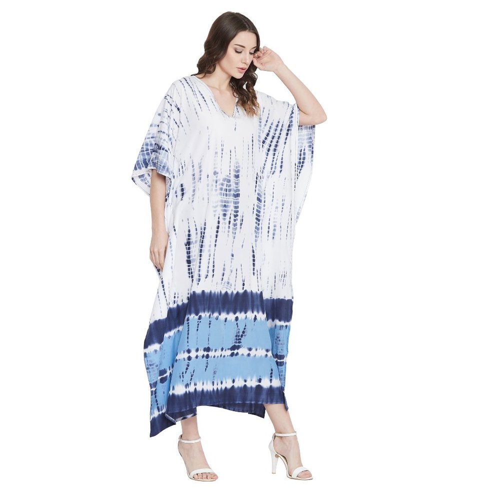 Women White & Blue Polyester Caftan Maxi Dress Stylish Mumu Cover Up Dresses - Picture 5 of 10